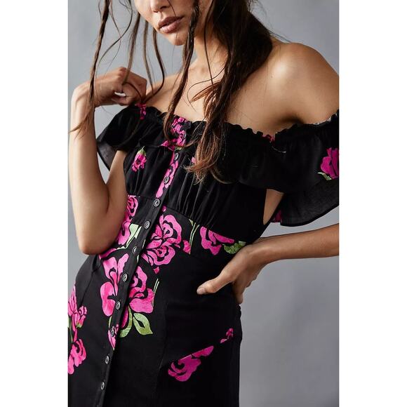 New Free People She's A Dream Floral Midi Dress OTS $168 X-SMALL Black Boho - Picture 2 of 4